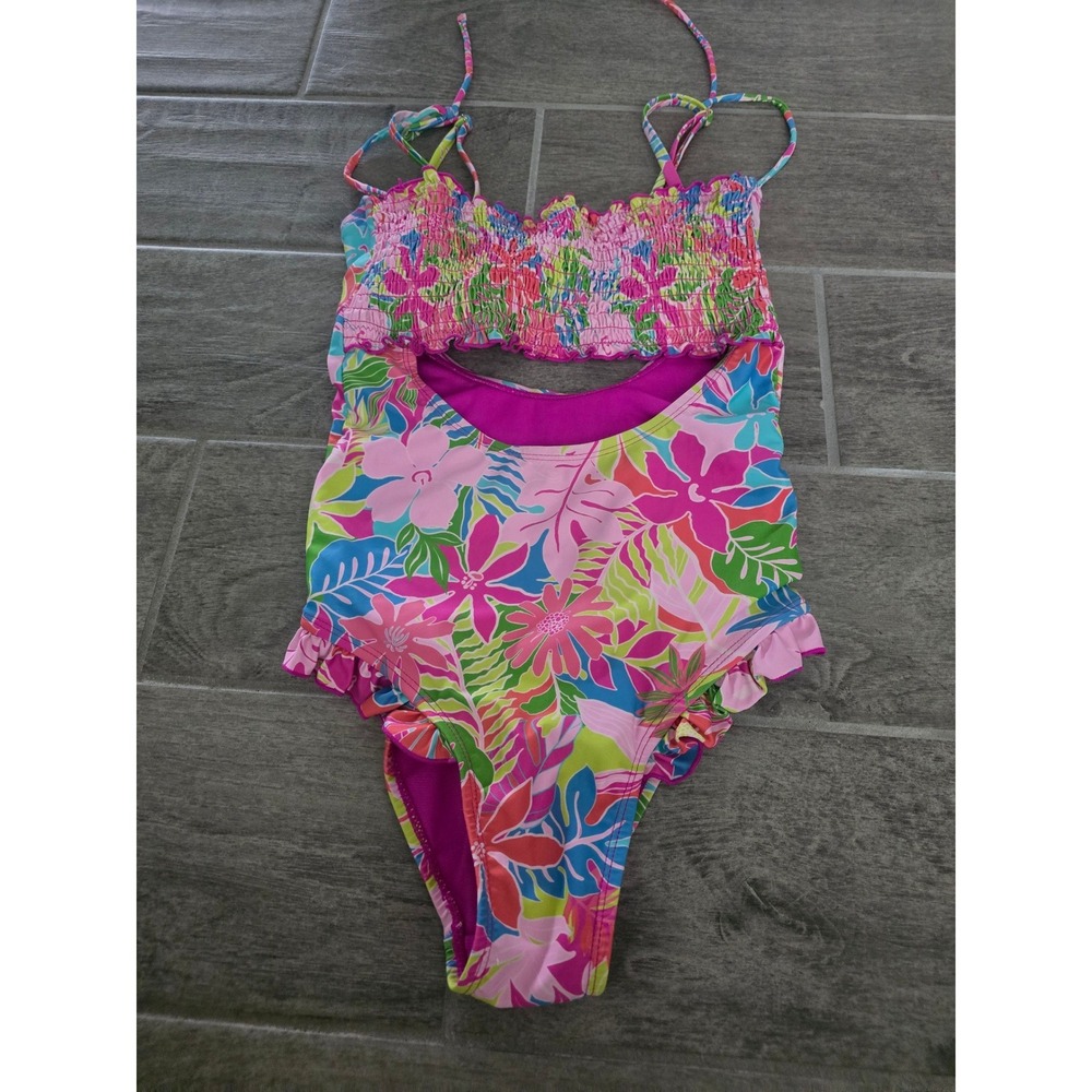 Power 2 The Flower Tropical Floral Smocked Cutout Monokini Swimsuit XS Pink